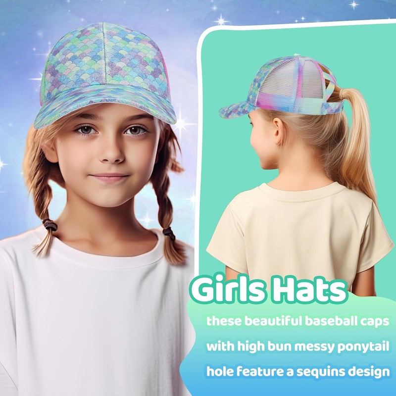 BROMZ Girls Glitter Baseball Cap Kids Ponytail Hat Adjustable Summer Mesh Trucker Hats for 4-12 Years - Image 2